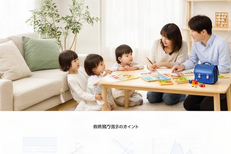 明るいリビングで子どもの教材と家計表を囲む子育て家庭