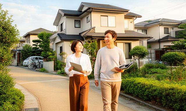 栗東市の住宅街を歩く共働き夫婦と住宅購入計画