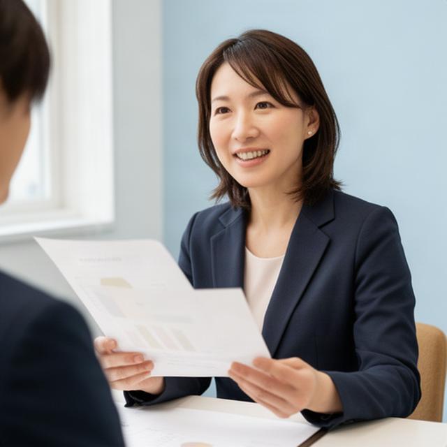 栗東市の相談室で資料を手に説明する家計管理コンサルタント明子佐久間