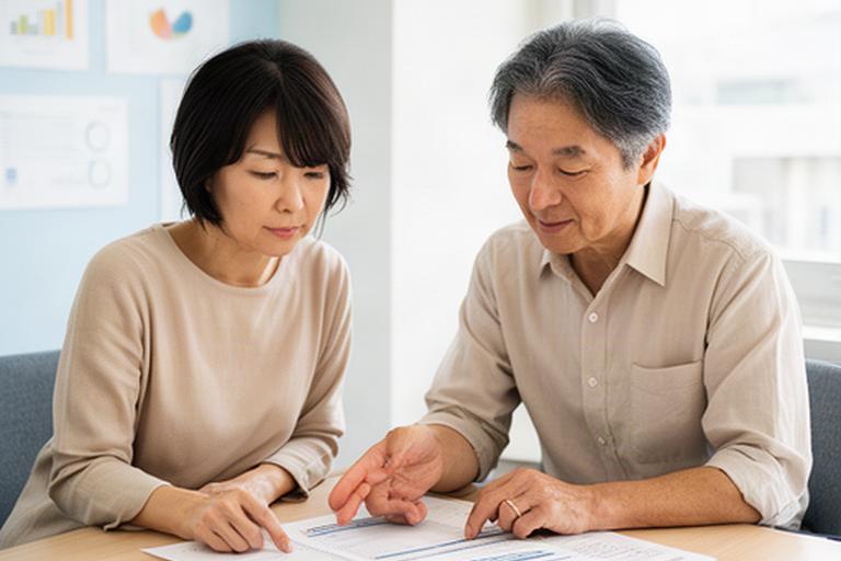 栗東市の明るい相談室で夫婦が老後資金の表を確認する様子