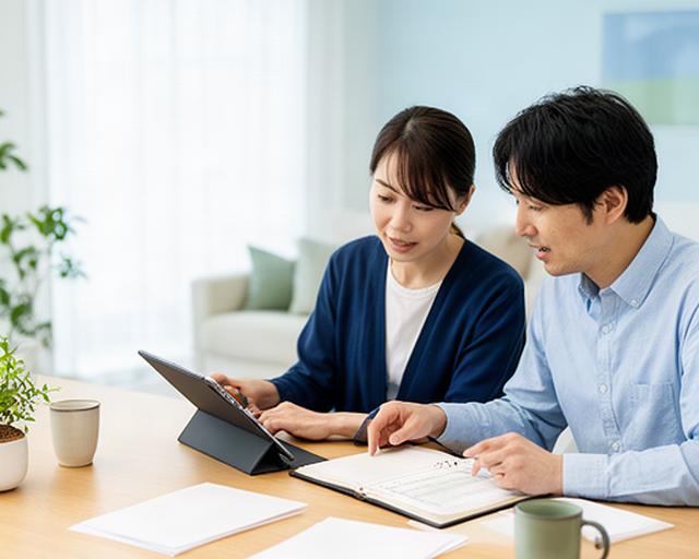 明るいダイニングで家計簿とタブレットを見ながら相談する共働きの夫婦