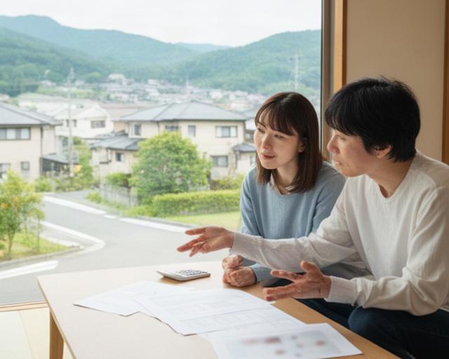 栗東市の住宅街を背景に家計資料を見ながら相談する共働き30代夫婦