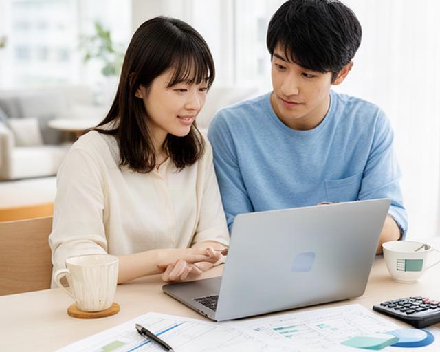 明るい部屋で家計表を見ながら相談する若いカップルとノートパソコン